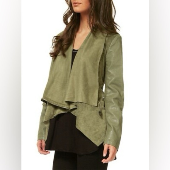 Dex Olive Green Open Front Draped Waterfall Moto Jacket Faux Leather/Suede XS - Picture 3 of 16